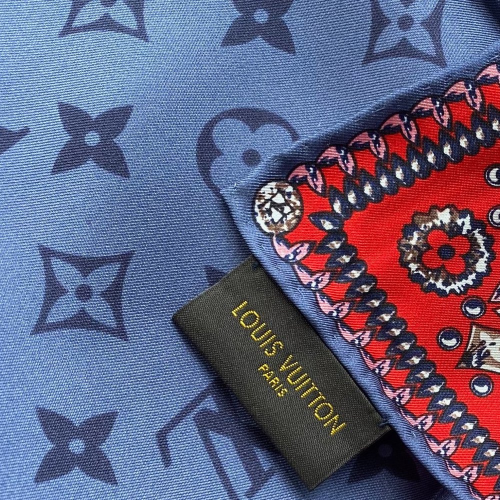 Louis Vuitton Wrap Monogram Logo Oversize Square Blue Silk Scarf - Picture 14 of 16